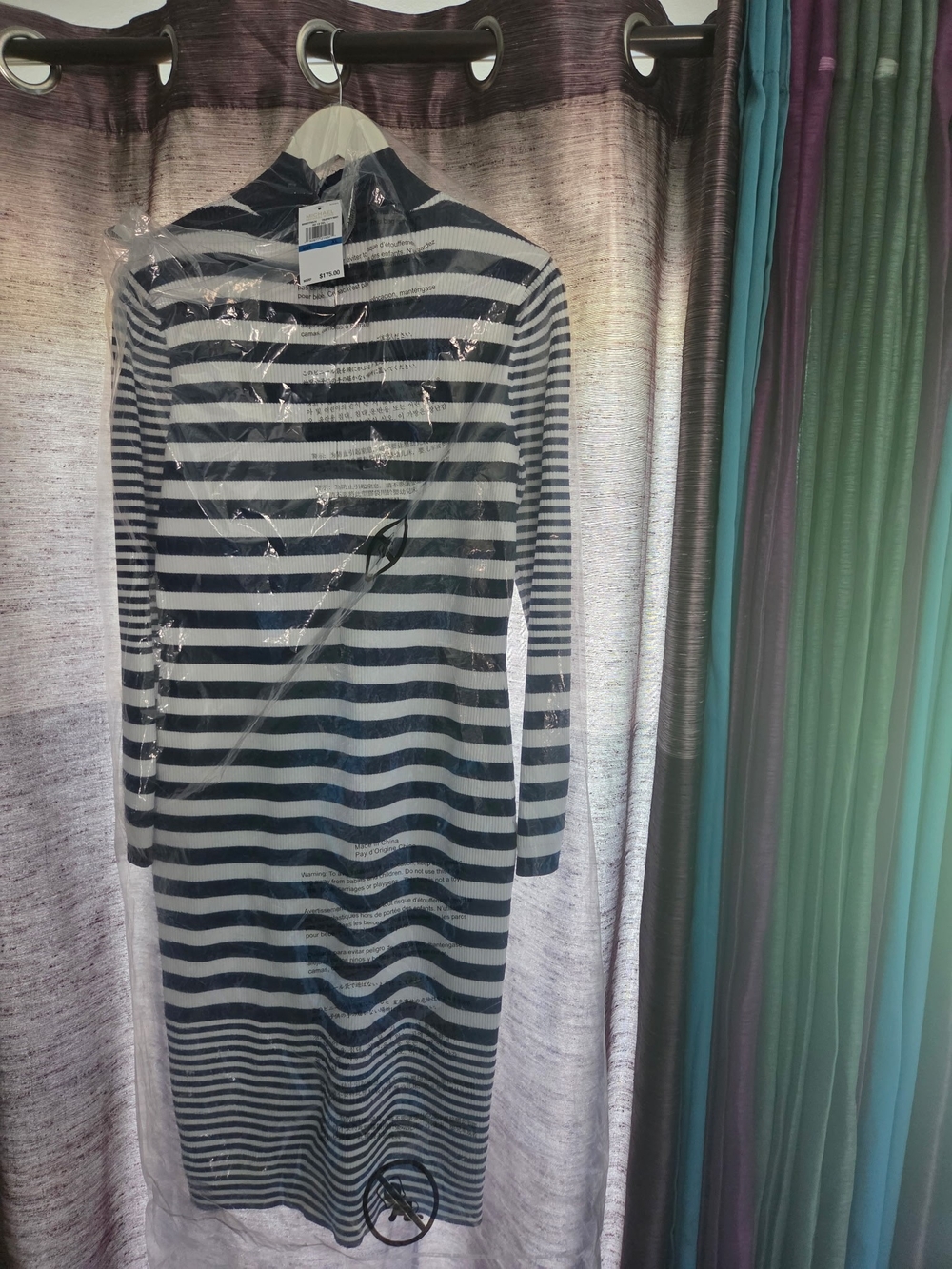 Michael Kors Navy & White Striped Long Sleeve Midi Dress